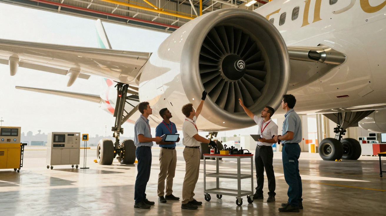 Técnicos inspecionando motor de avião em hangar com equipamentos e pranchetas.