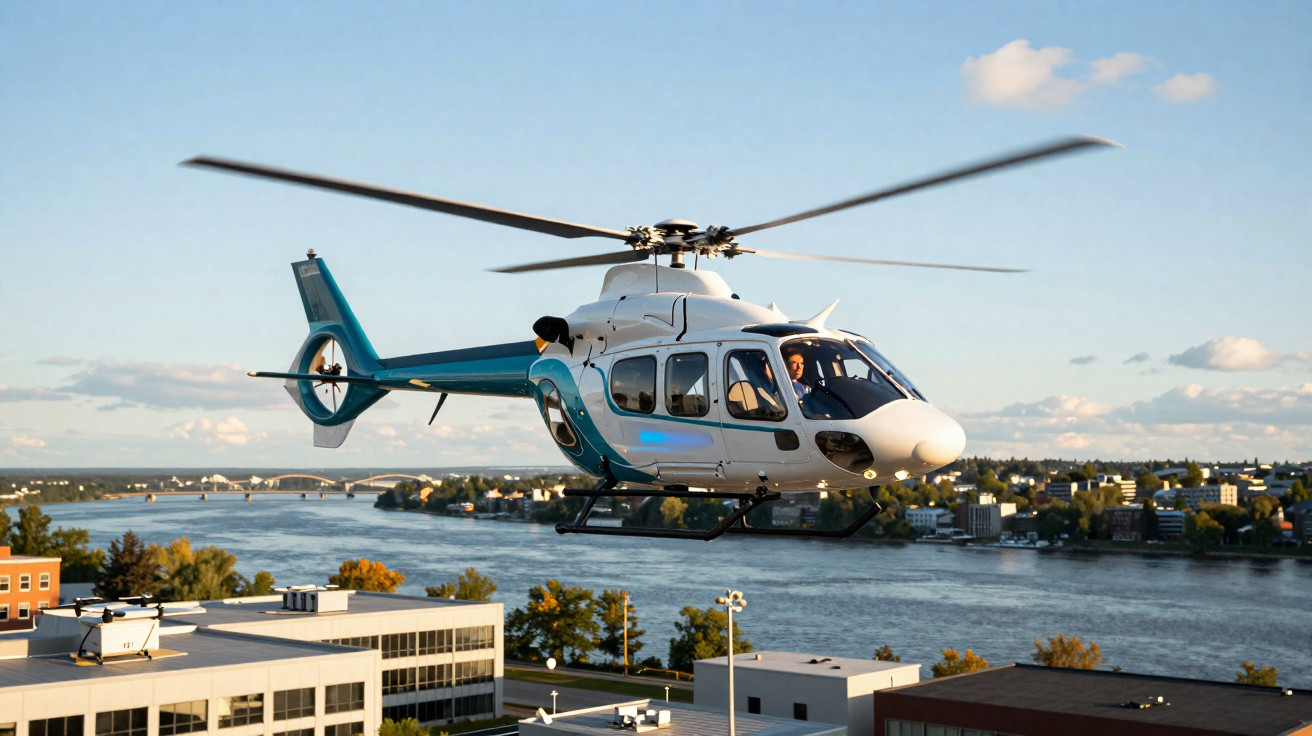 Helicóptero branco e azul voando sobre prédios e um rio sob céu claro com poucas nuvens.