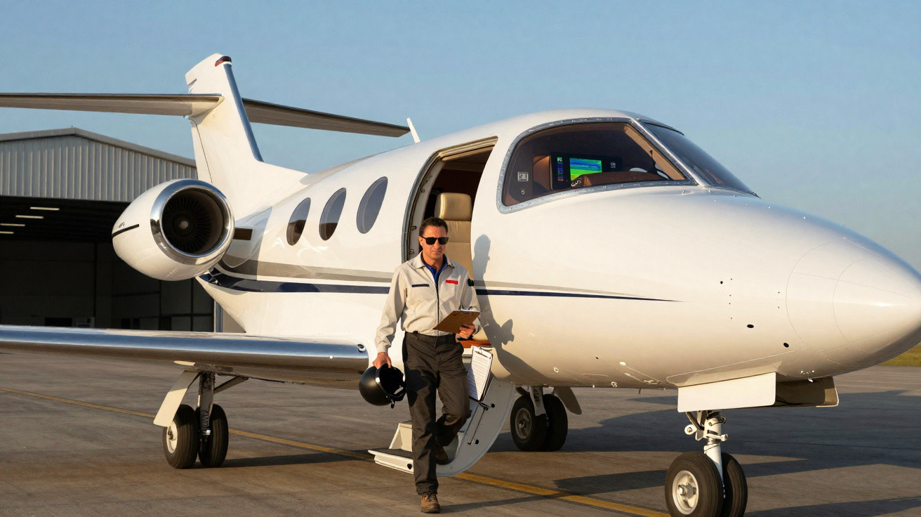 Piloto sai de jato executivo branco estacionado em aeroporto ao entardecer.
