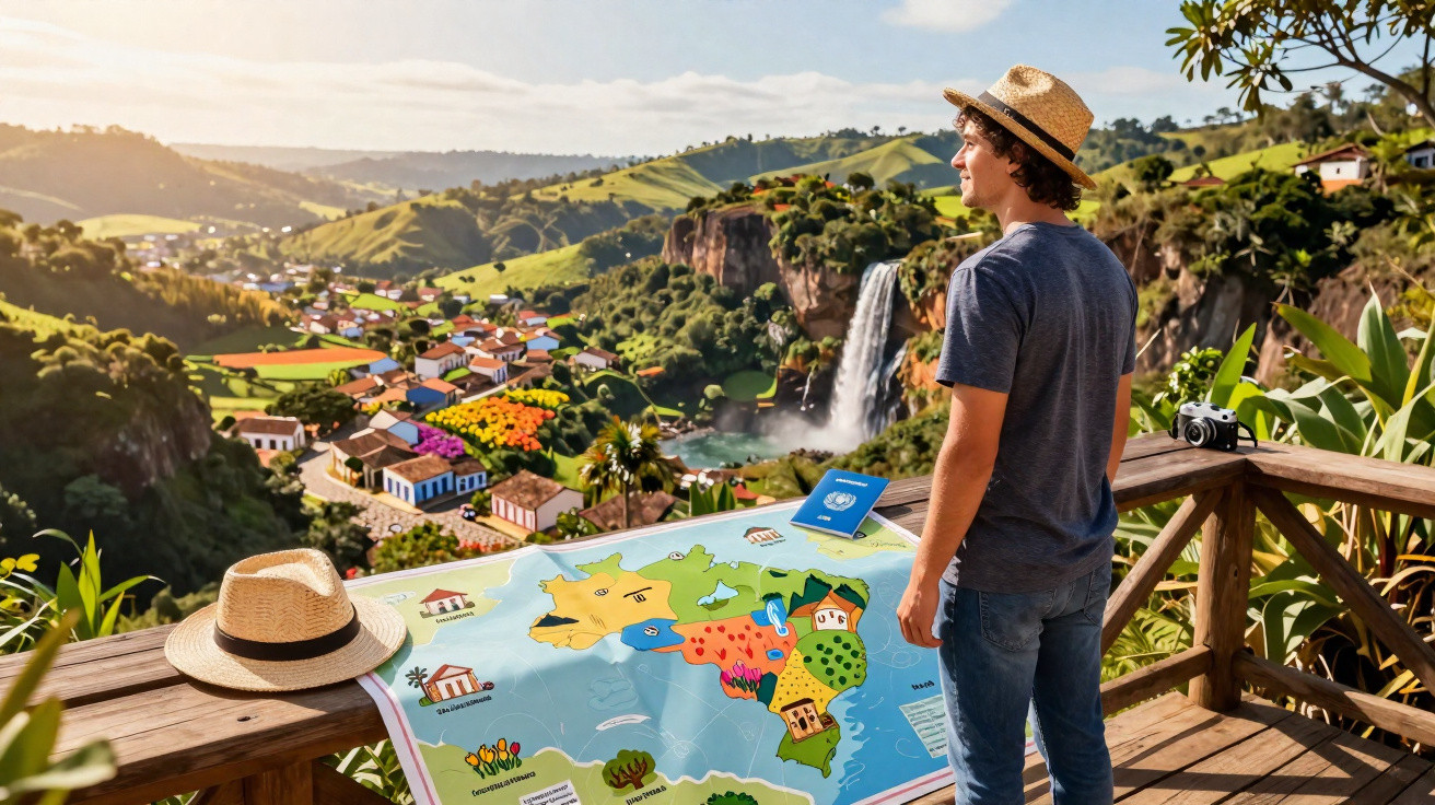 Homem com chapéu observa cachoeira e mapa colorido de regiões do Brasil em mirante ensolarado.
