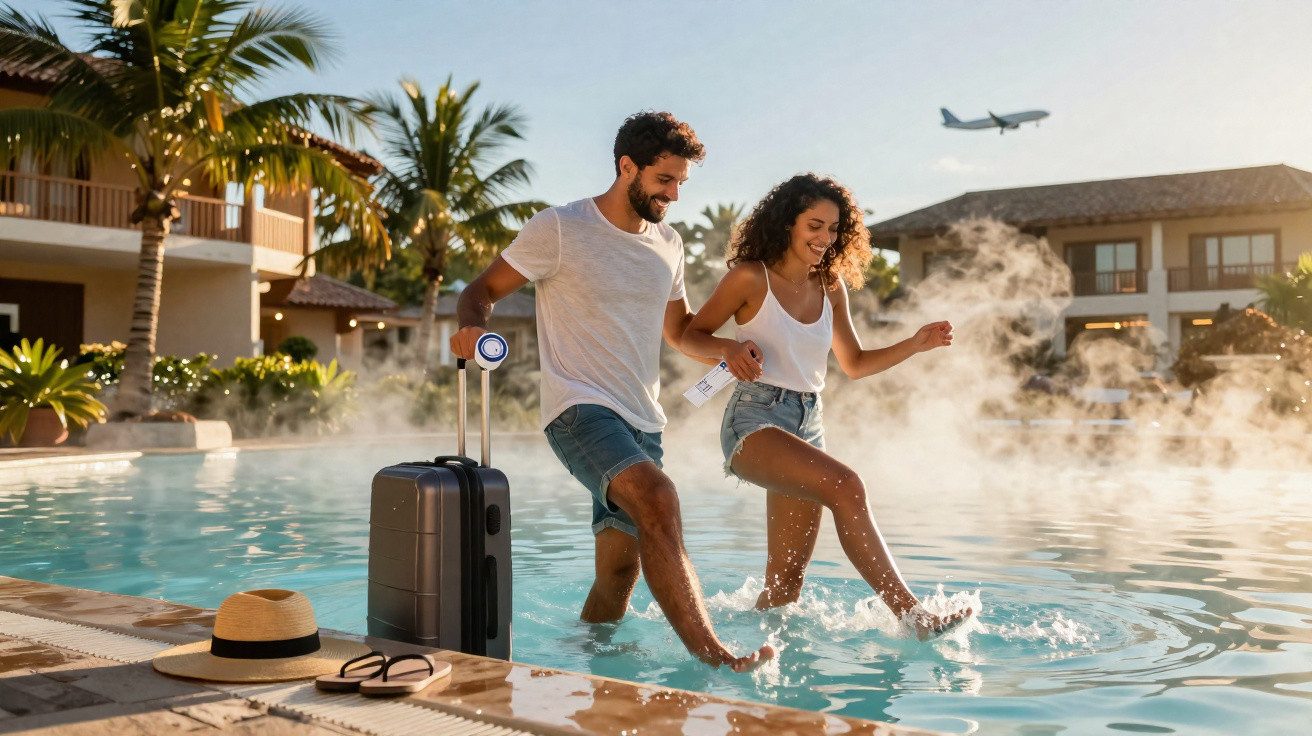 Casal feliz entrando na piscina de um resort com mala, chapéu e avião no céu ao fundo.