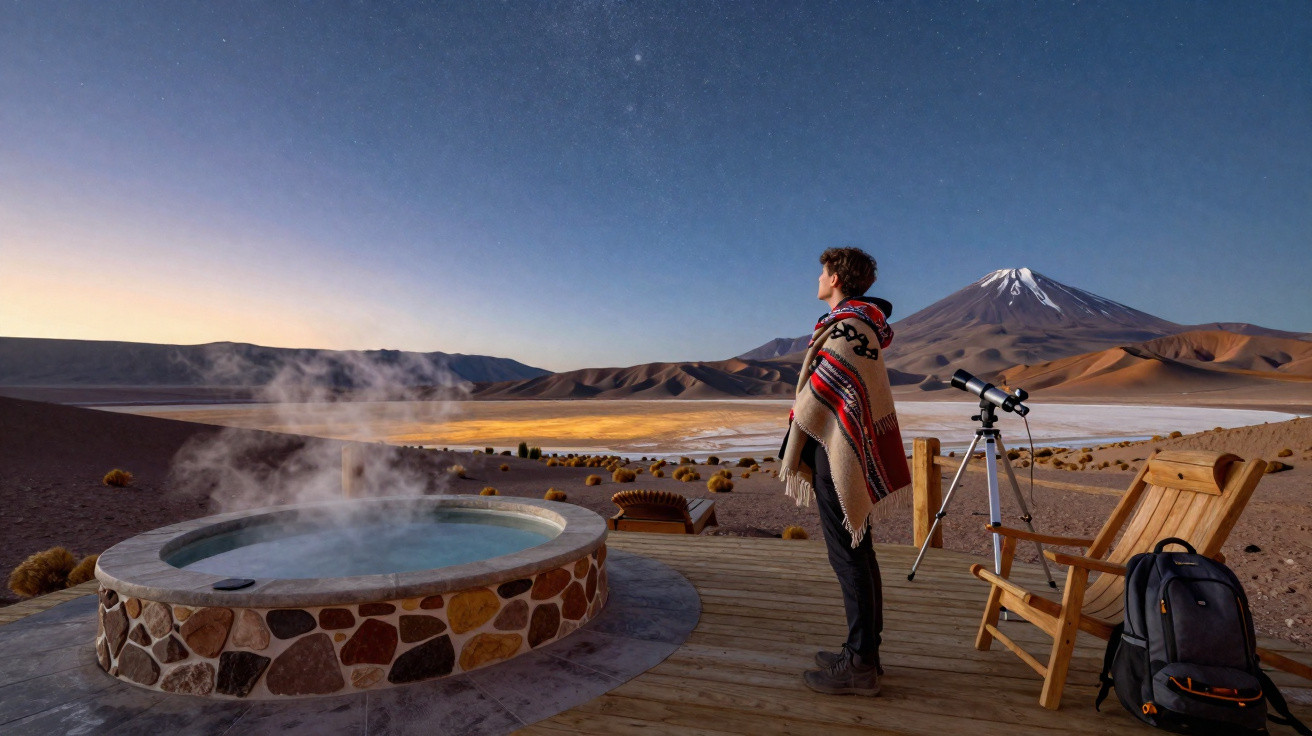 Pessoa encapuzada observa o céu estrelado em deck com banheira aquecida e telescópio próximo a montanha nevada.