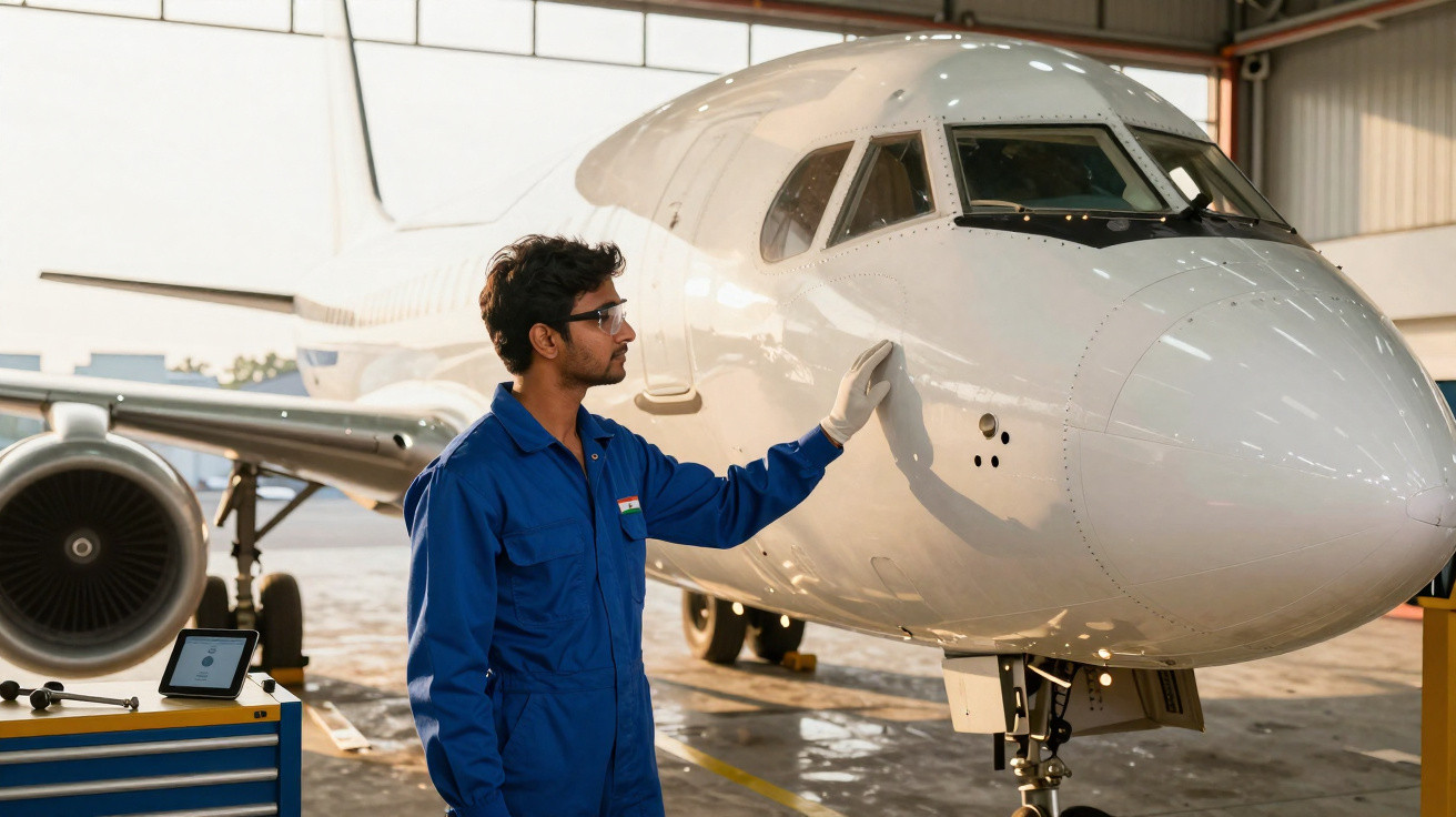 Homem com macacão azul e luvas inspeciona a fuselagem de uma aeronave branca em hangar.