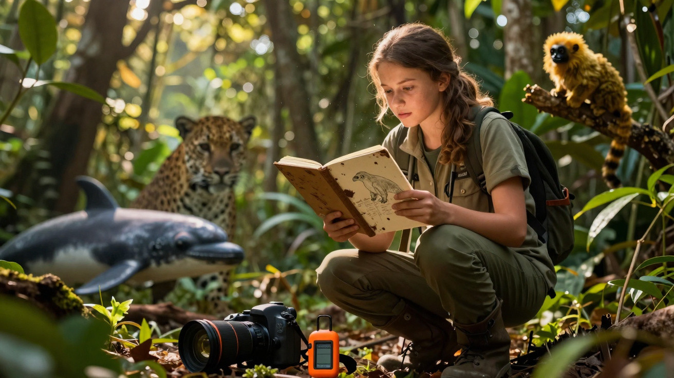 Jovem exploradora lê livro na floresta cercada por jaguar, golfinho, macaco e equipamentos de fotografia.