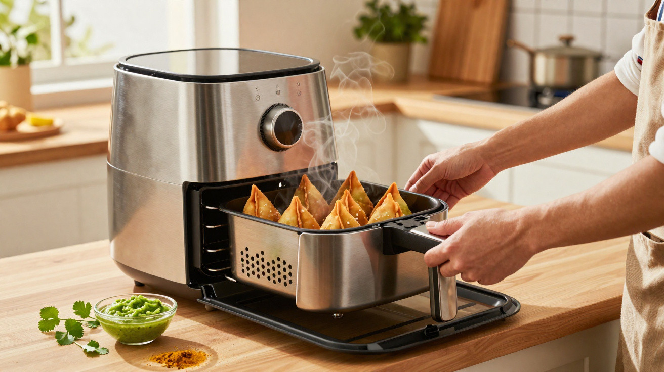 Pessoa retirando cesto com pastéis quentes de air fryer na cozinha, com molho verde ao lado.