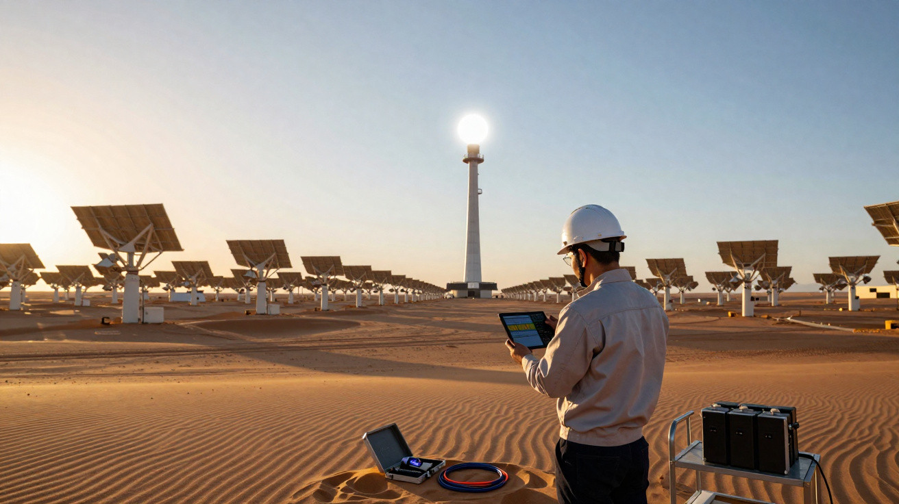 Homem com capacete verifica painel solar em campo solar ao pôr do sol no deserto.