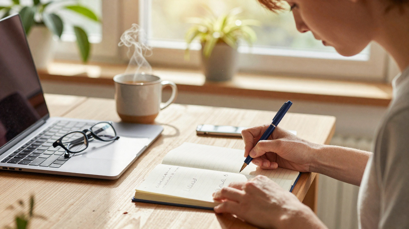 Pessoa escrevendo em caderno com laptop, celular e xícara de café em mesa de madeira iluminada.