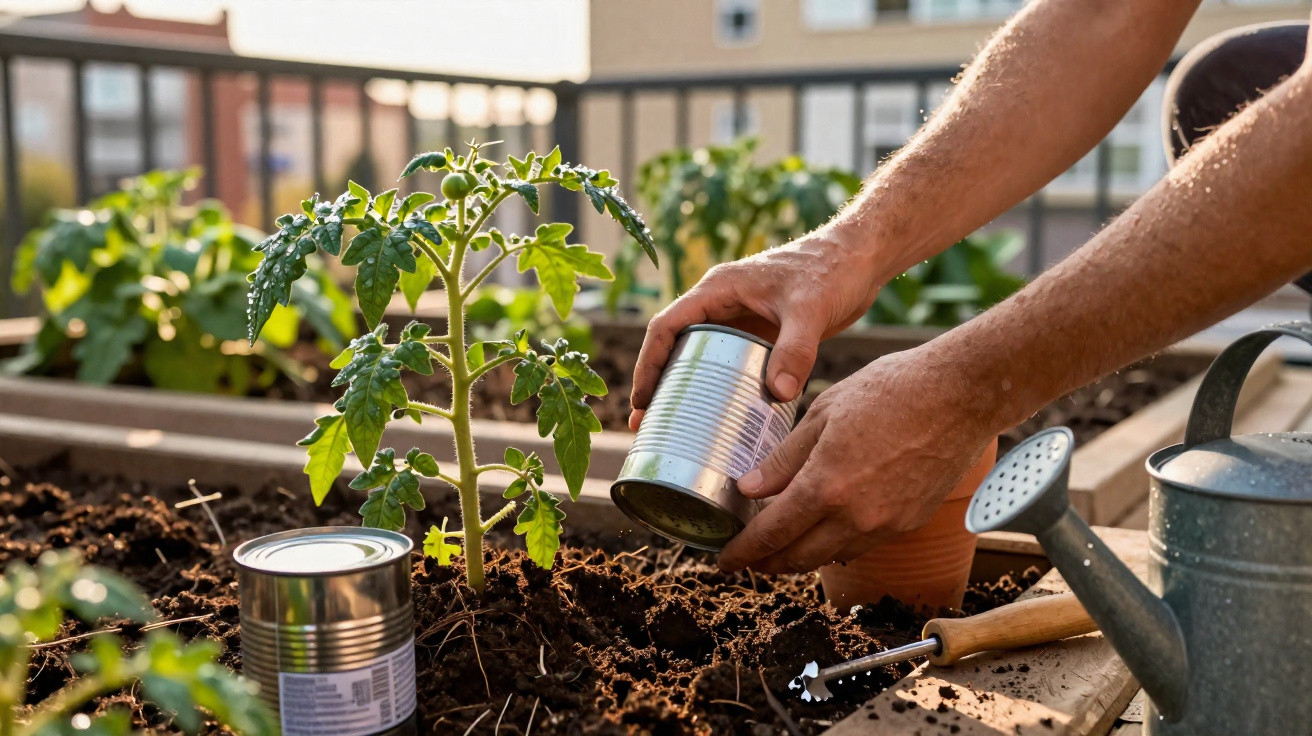Pessoa plantando muda de tomate em canteiro com regador e ferramentas de jardinagem ao lado.