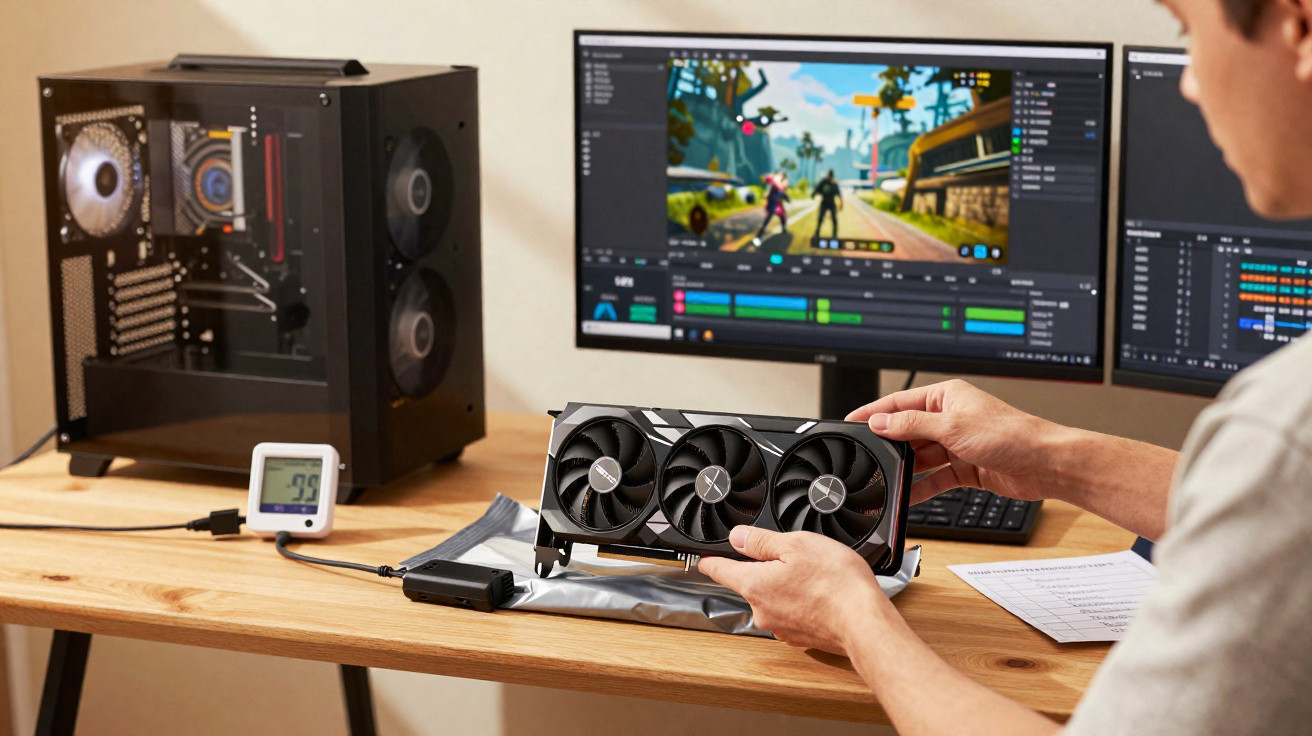 Pessoa segura uma placa de vídeo em mesa com computador aberto, dois monitores e um termômetro digital.