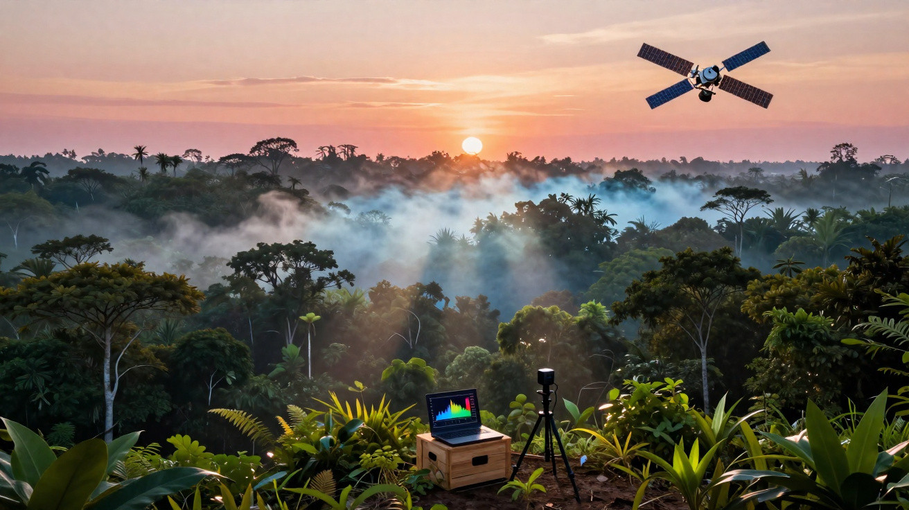 Satélite sobre floresta tropical ao nascer do sol com equipamentos de monitoramento ambiental no primeiro plano.