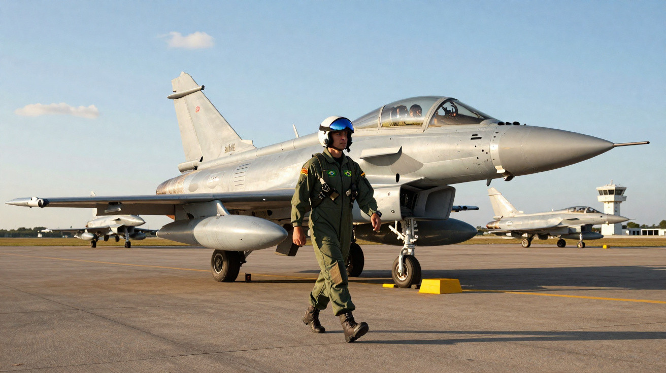 Piloto em uniforme militar caminha em frente a jato de combate estacionado em pista de aeroporto.