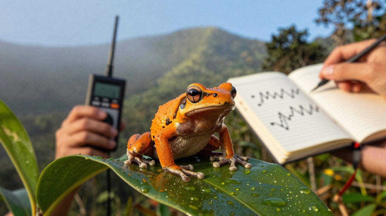 Sapo laranja sobre folha verde com mão segurando rádio comunicador e outra anotando em caderno ao fundo.
