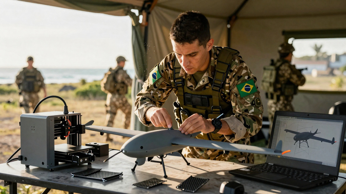 Militar brasileiro ajusta drone em mesa ao ar livre com impressora 3D e computador mostrando modelo do drone.