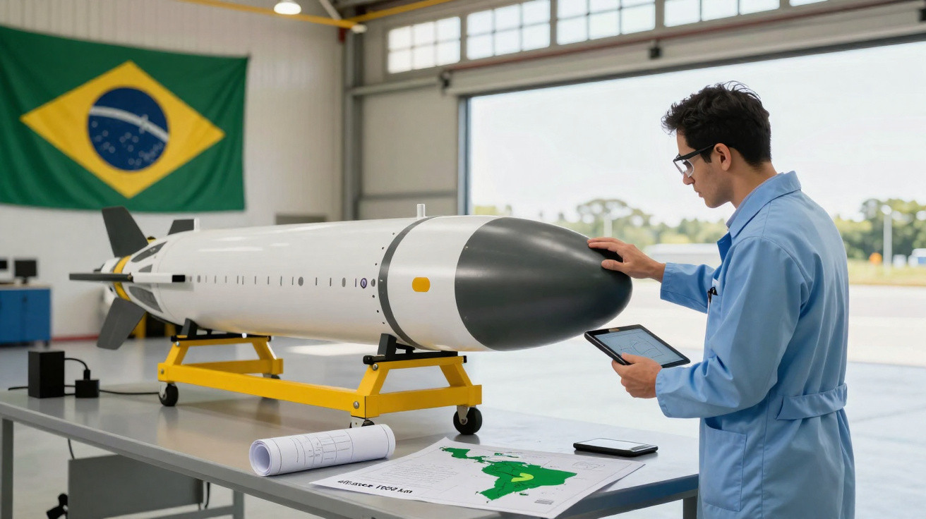 Homem com jaleco azul analisa foguete em laboratório com bandeira do Brasil ao fundo.