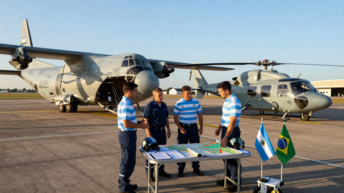 Quatro militares em uniforme azul reunidos em mesa com mapa entre avião e helicóptero em pista de aeroporto.