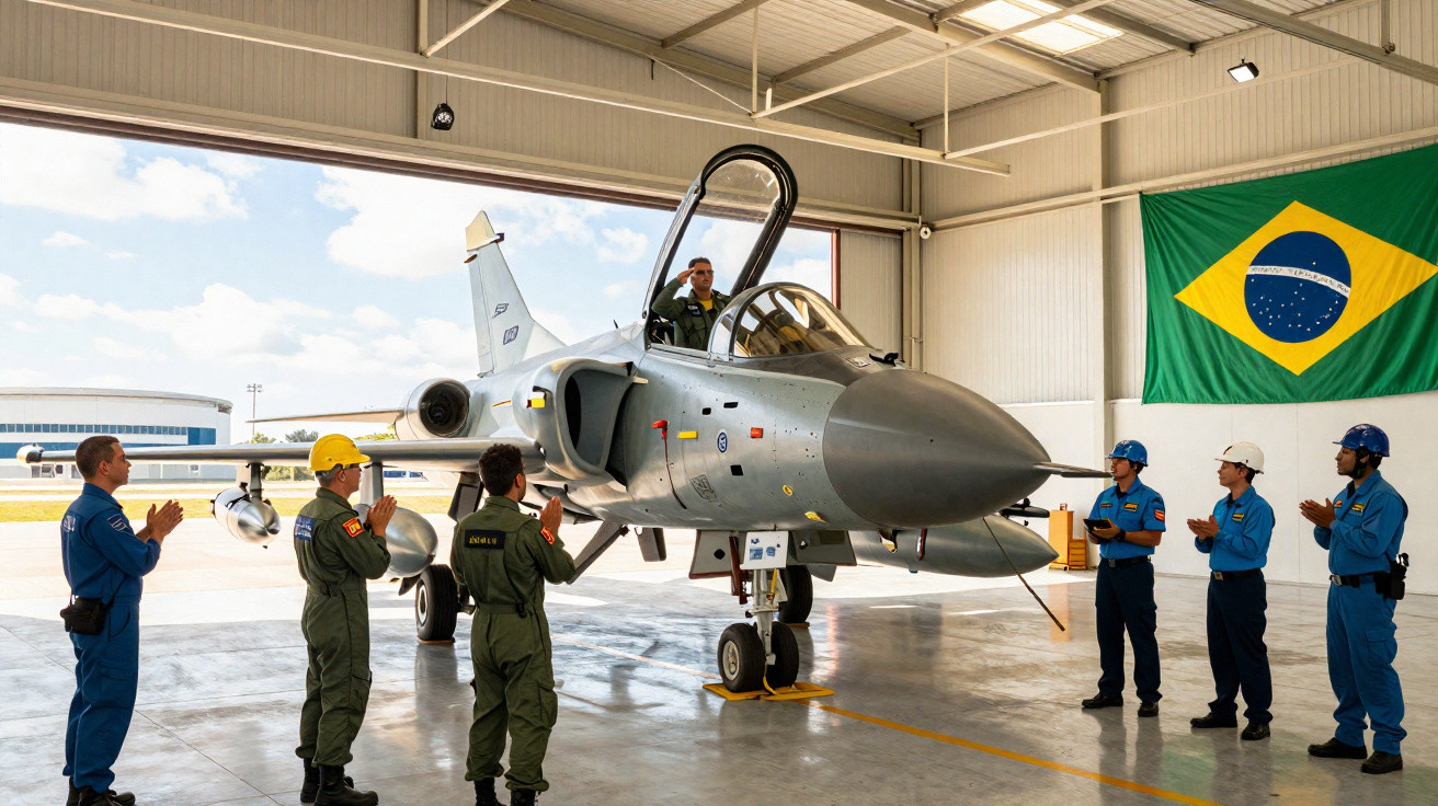 Piloto em caça brasileiro cumprimenta equipe em hangar com bandeira do Brasil ao fundo.