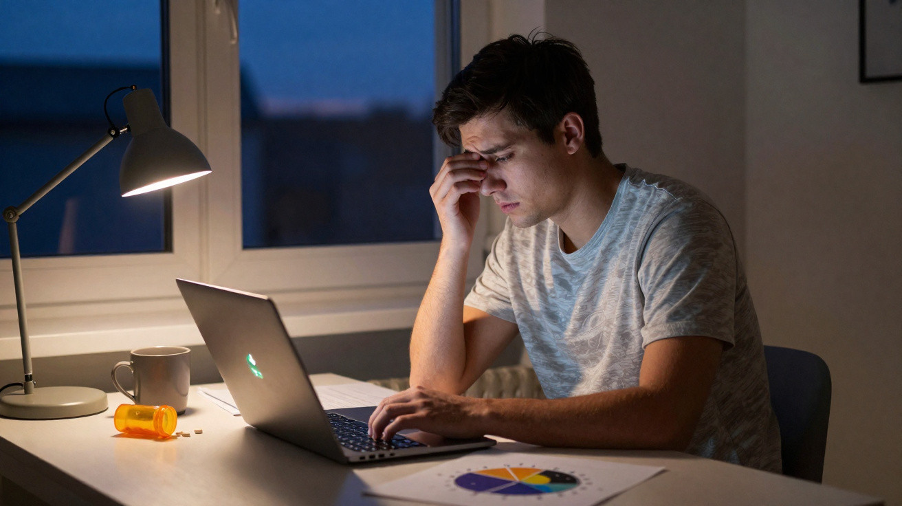 Jovem cansado trabalhando no computador à noite, segurando a testa em sinal de estresse ou dor.