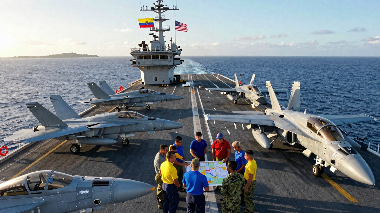 Grupo de militares revisando mapa no convés de porta-aviões com caças estacionados na costa.