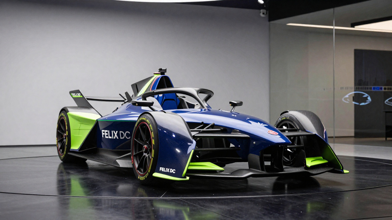 Carro de corrida elétrico azul e verde com design aerodinâmico exposto em salão moderno.