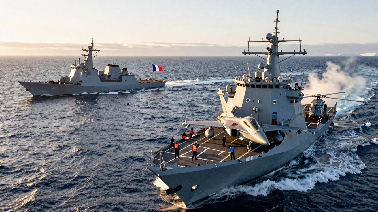 Dois navios militares no mar, um com jato de caça no convés e um com bandeira da França.