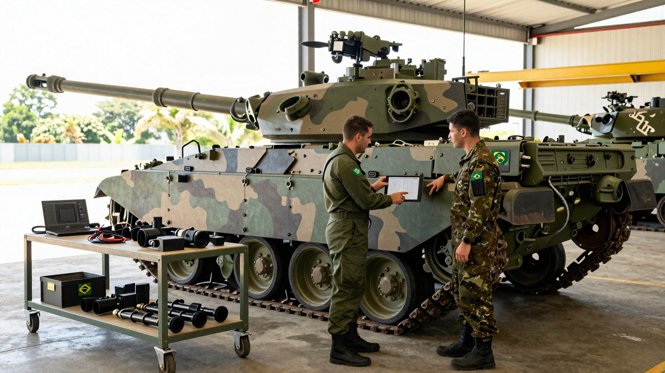 Dois militares brasileiros verificam documentos ao lado de um tanque camuflado em hangar com equipamentos militares.