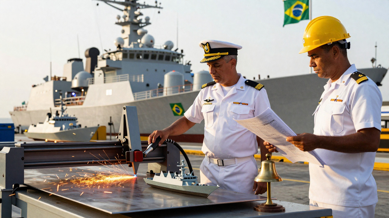 Dois oficiais da Marinha do Brasil, um com capacete amarelo, operando máquina de corte com miniatura de navio ao fundo.
