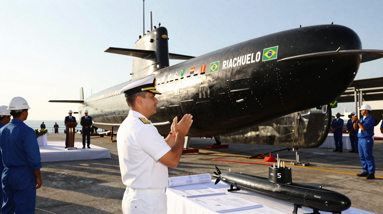 Oficiais da marinha e trabalhadores em cerimônia ao lado do submarino Riachuelo no porto, com modelo em miniatura.