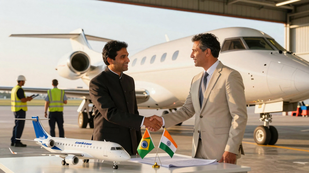 Dois homens apertando as mãos diante de um modelo de avião e bandeiras do Brasil e Índia em um hangar.