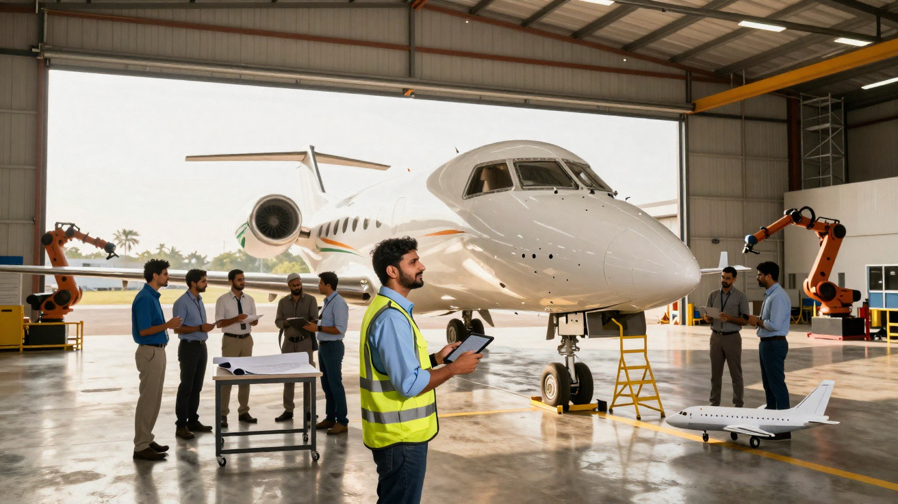 Equipe de engenheiros inspecionando jato executivo em hangar com robôs industriais ao fundo.