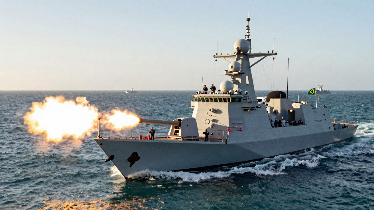 Navio de guerra da marinha brasileira disparando canhão no mar aberto em dia claro.