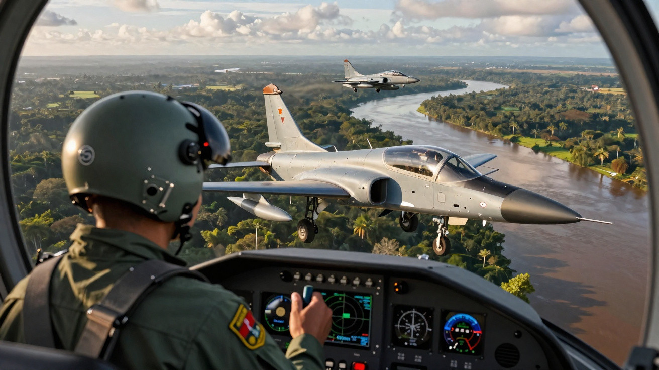 Piloto de avião militar observa dois jatos voando sobre rio e floresta vistos do cockpit.
