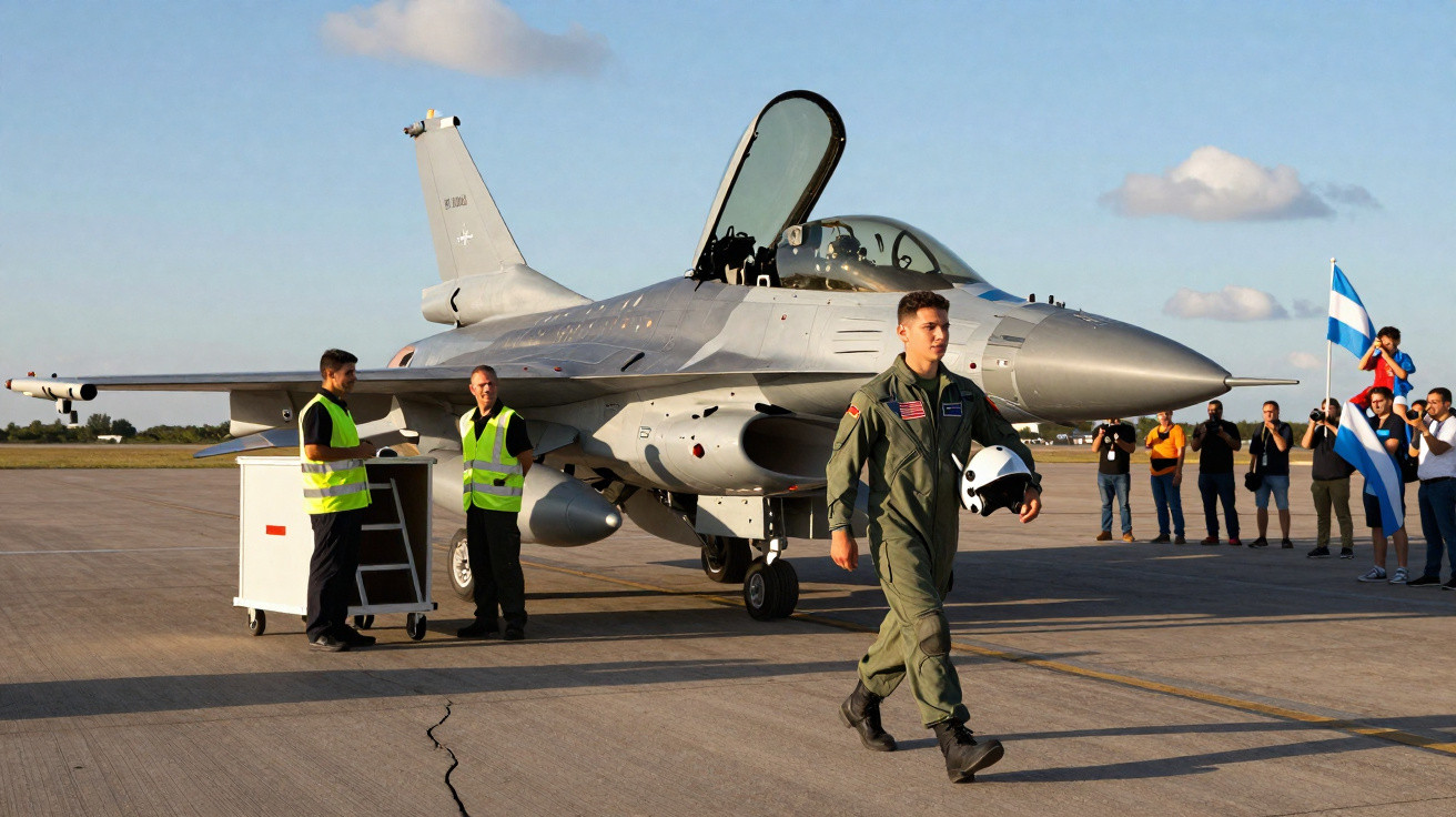 Piloto militar caminhando com capacete na mão próximo a caça F-16 em pista com equipe de apoio ao fundo.