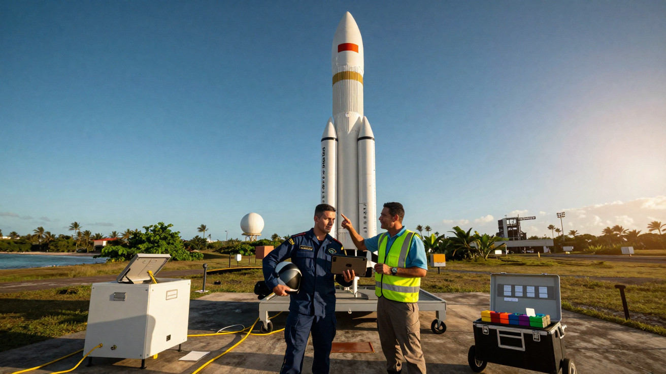 Dois técnicos em frente a um modelo de foguete em área de lançamento ao ar livre ao entardecer.