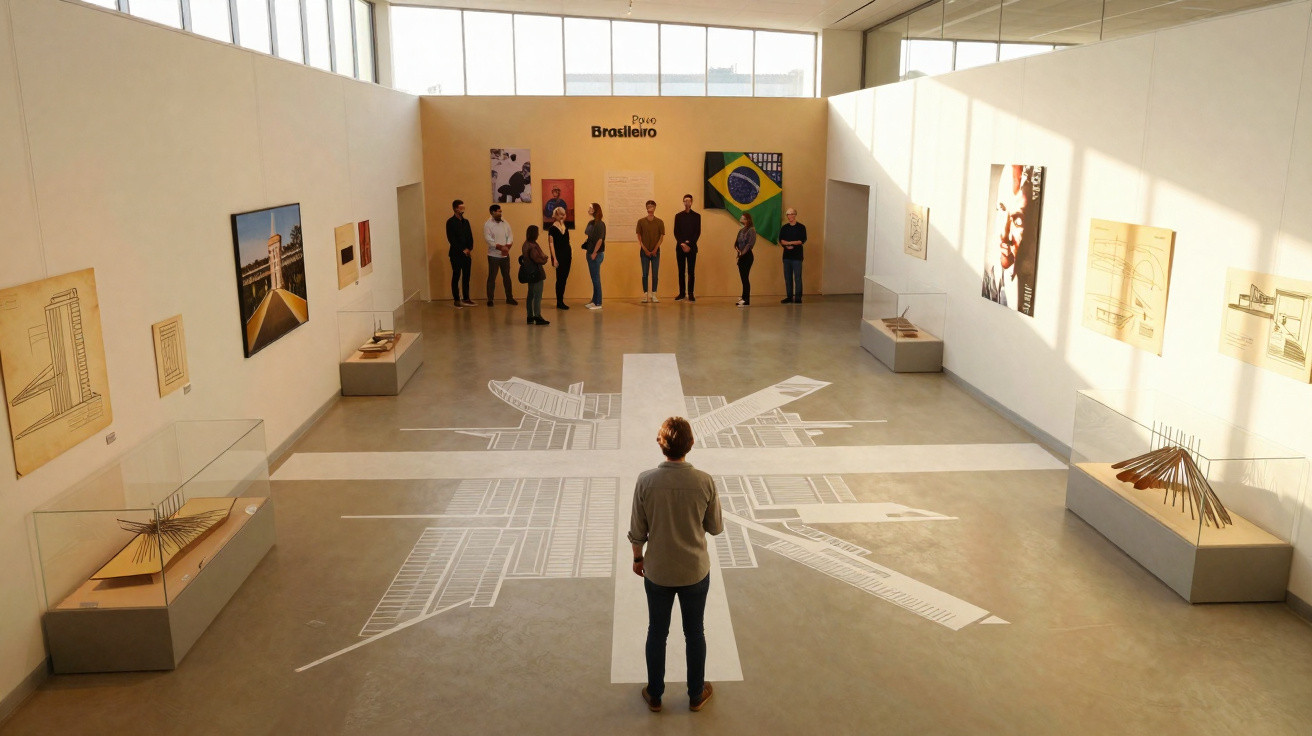 Pessoa observa maquete arquitetônica no chão enquanto grupo está em exposição sobre arquitetura brasileira.
