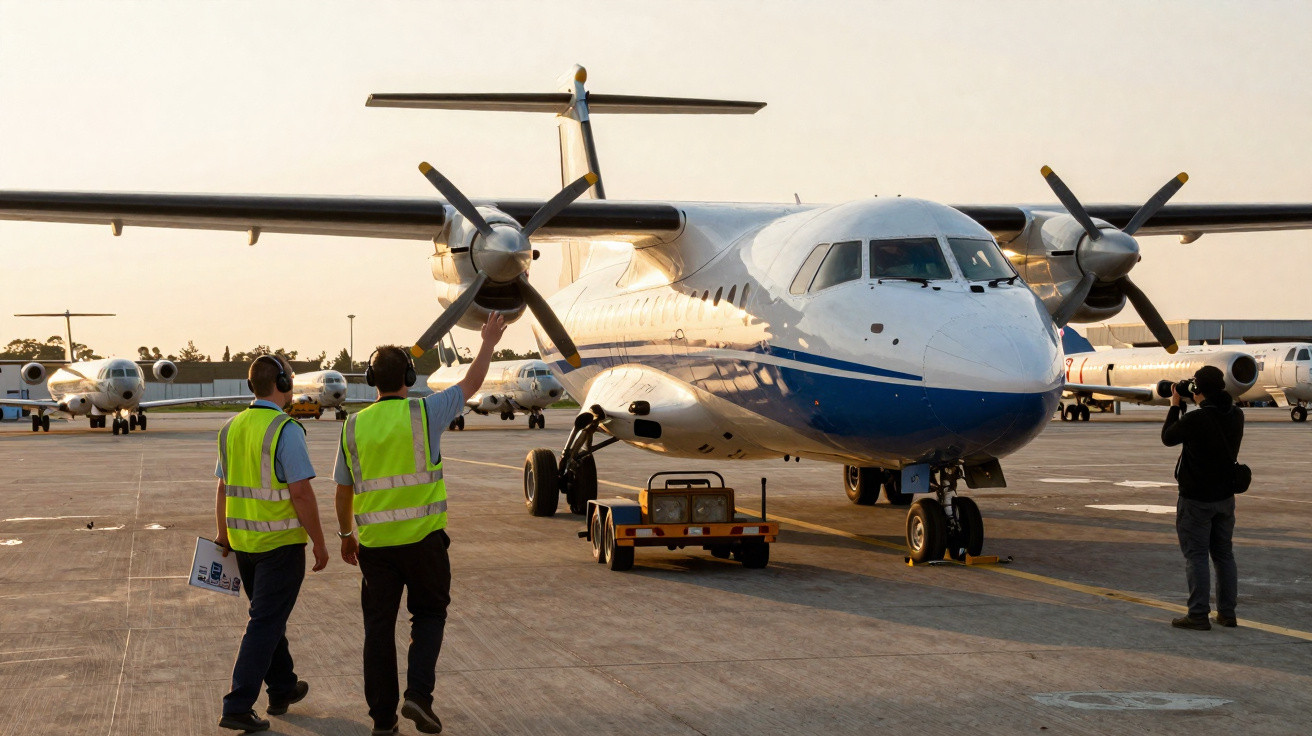 Dois trabalhadores orientam táxi de avião turboélice branco e azul no aeroporto ao pôr do sol.