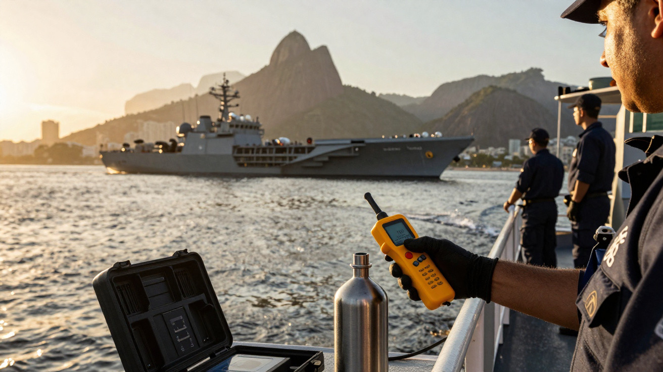 Marinha em ação no mar com navio de guerra e militares usando equipamentos de comunicação ao pôr do sol.