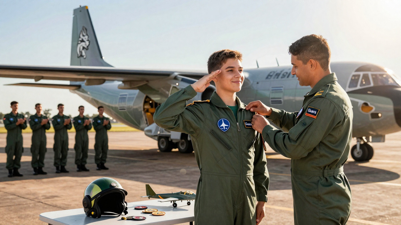 Militares em uniforme verde durante cerimônia de promoção com avião militar e mesa com capacete ao ar livre.