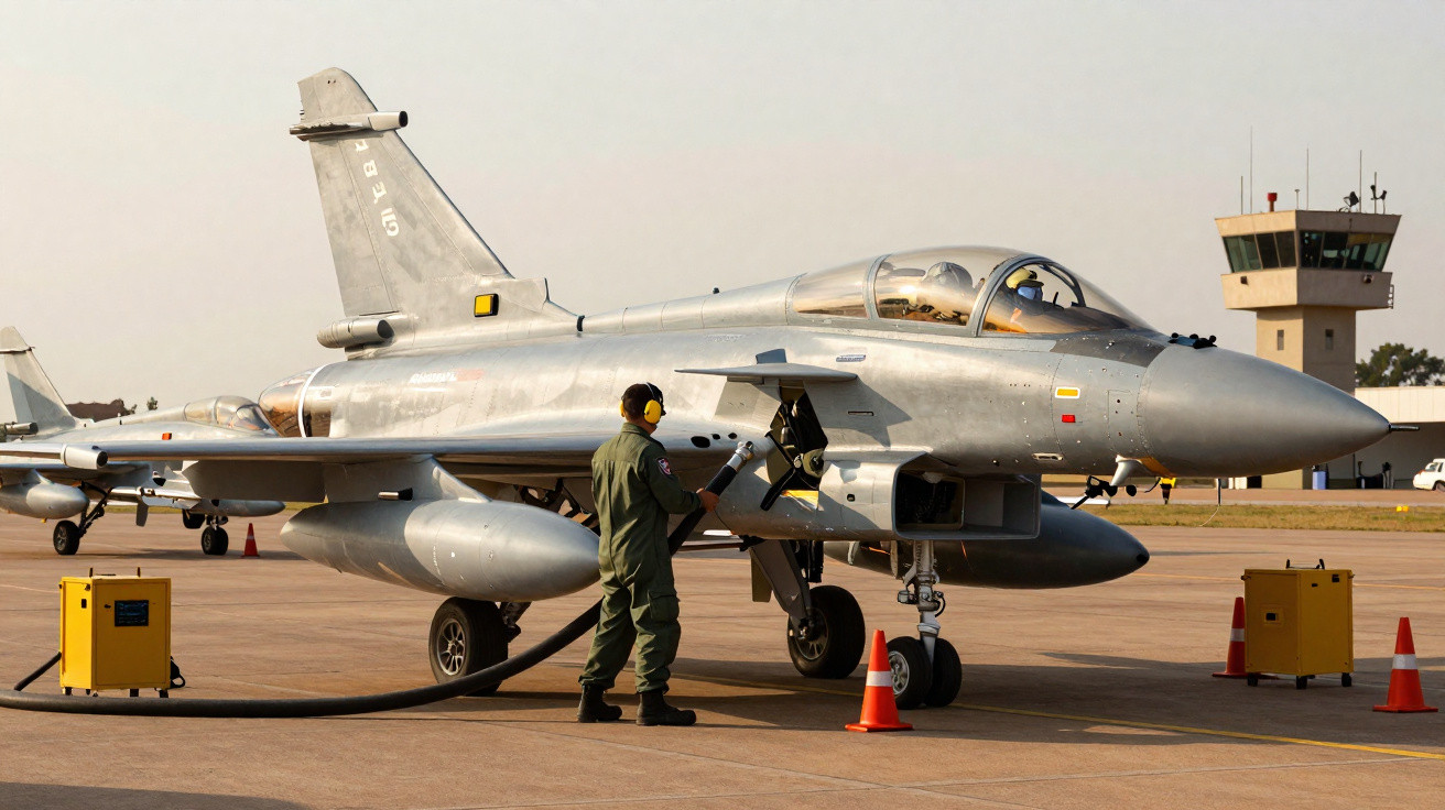 Avião militar sendo abastecido por um técnico no aeródromo com torre de controle ao fundo.
