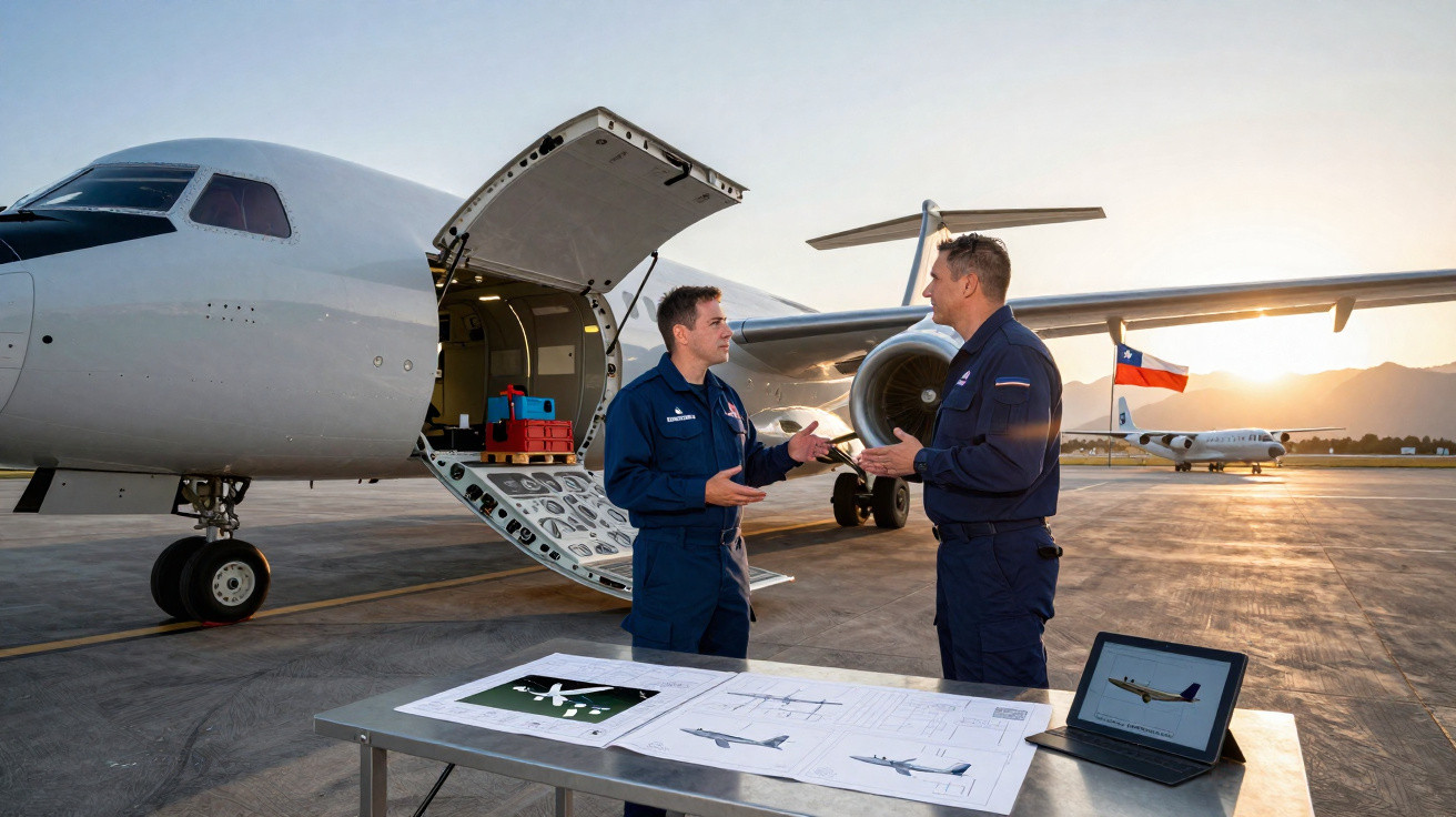 Dois homens em uniforme conversam em frente a um avião com porta de carga aberta ao pôr do sol.