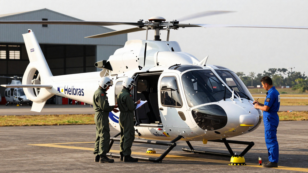 Helicóptero branco da Helibras com três homens em uniforme realizando inspeção no pátio de hangar.