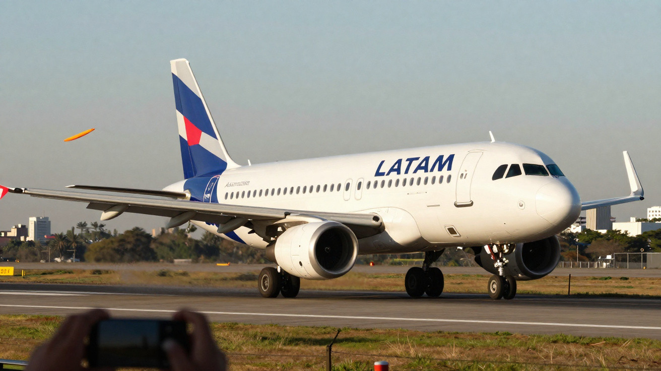Avião da LATAM branco taxiando em pista de aeroporto com pessoa fotografando em primeiro plano.