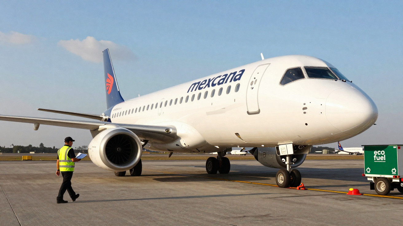 Avião da Mexicana parado no pátio de aeroporto com funcionário em colete refletivo próximo.