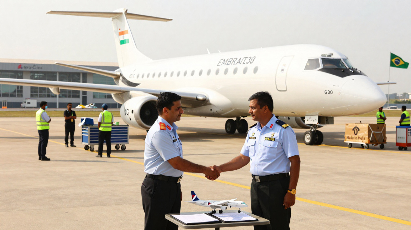 Dois militares fazendo acordo em pista de aeroportos com avião Embraer 130 ao fundo.