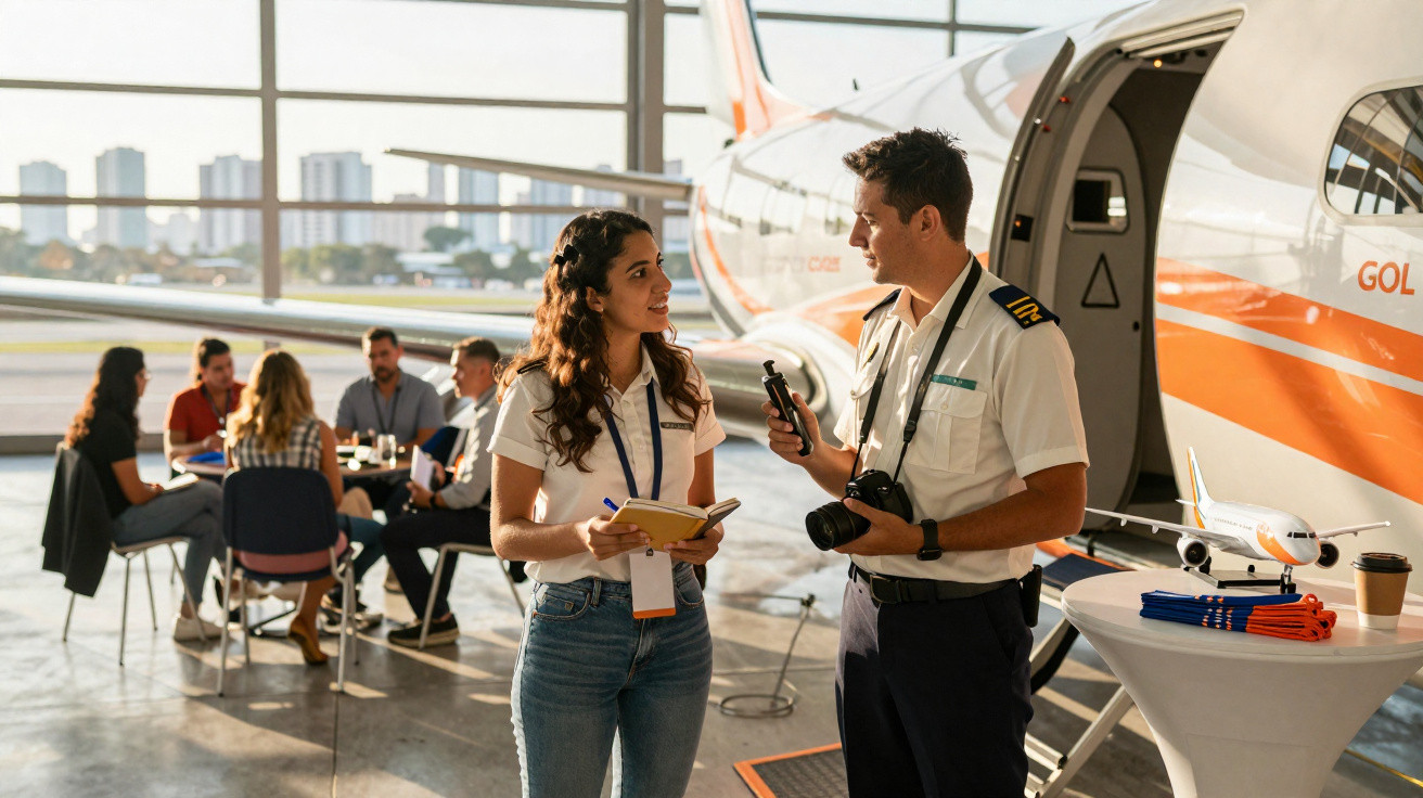 Homem piloto e mulher conversam próximos a avião em hangar, enquanto grupo se reúne ao fundo.