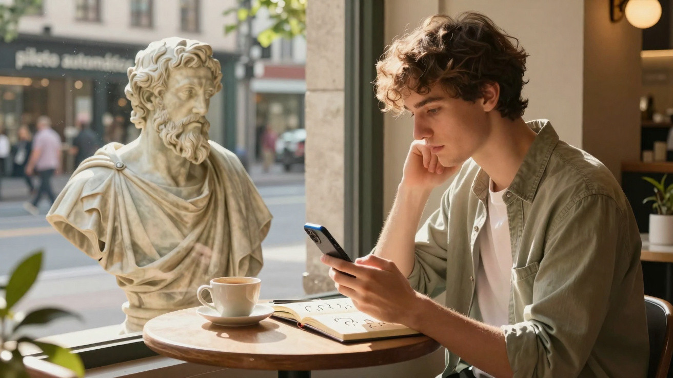 Jovem sentado em cafeteria, olhando o celular, com xícara de café e livro aberto ao lado e estátua de busto próxima.