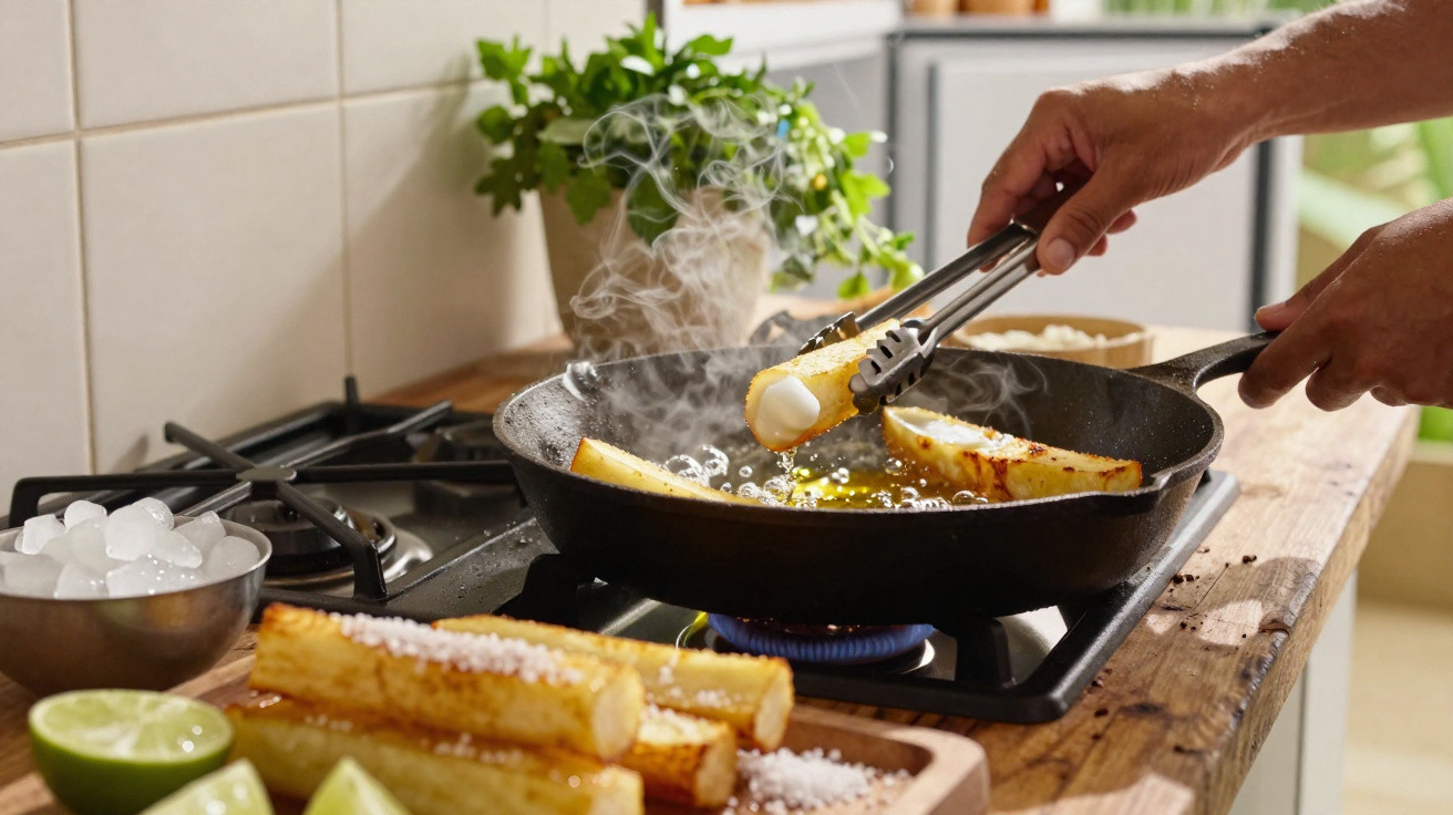 Mãos fritando mandioca em frigideira com vapor, limão e sal grosso ao lado na bancada da cozinha.