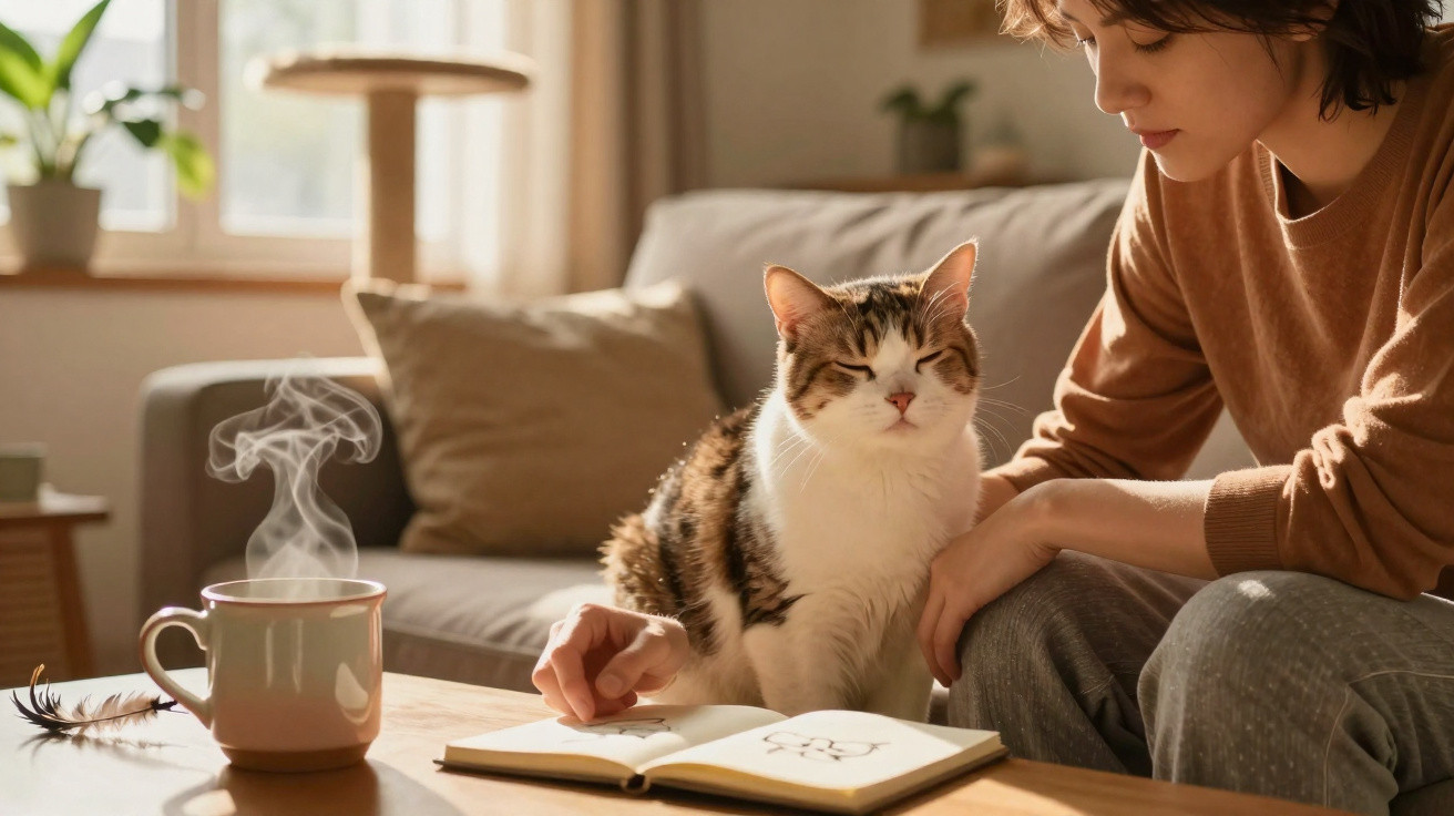 Pessoa sentada no sofá com gato, livro aberto e caneca fumegante sobre mesa de madeira.
