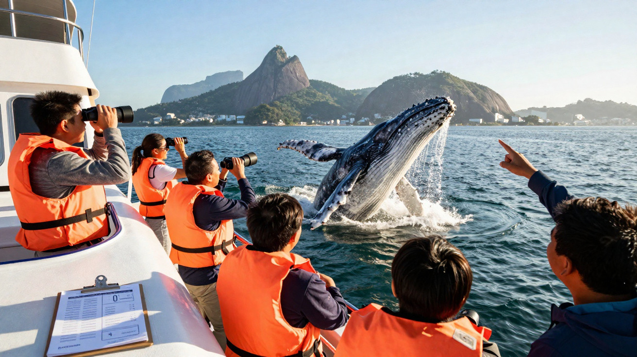 Pessoas de colete laranja avistam e fotografam baleia jubarte saltando próximo a barco no mar.