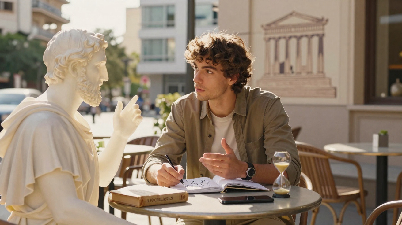 Jovem sentado em mesa ao ar livre escrevendo em caderno, em frente a estátua clássica discursando.