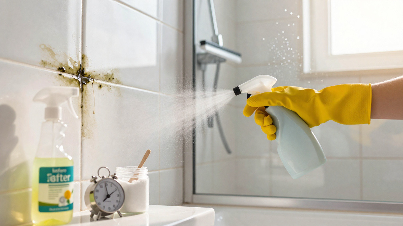Pessoa com luva amarela borrifando produto de limpeza em azulejos com mofo no banheiro.